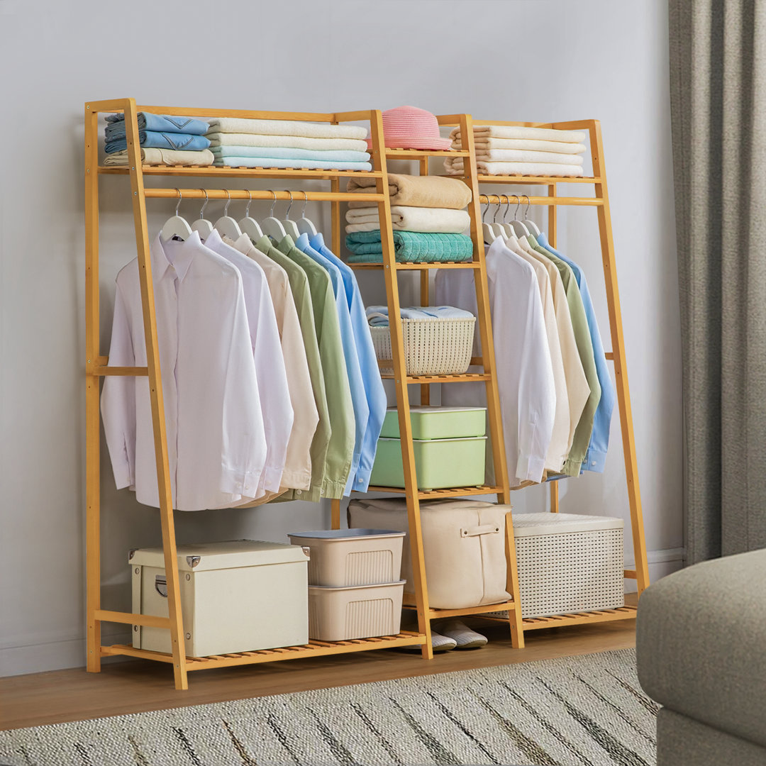 5-Tier Trapezoid Coat Rack, Open Closet Wardrobe with Hanging Rod, Bamboo Clothing Organizer Stand